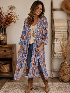 NWT Jessica Simpson Blue Floral Boho Tassel Tie Long Kimono Duster Medium & 1x